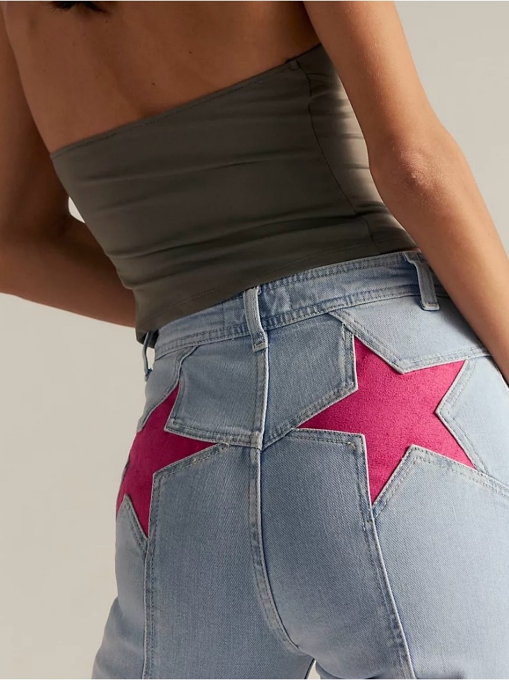 Free People Firecrackers light wash high wasted flare jeans red suede stars
